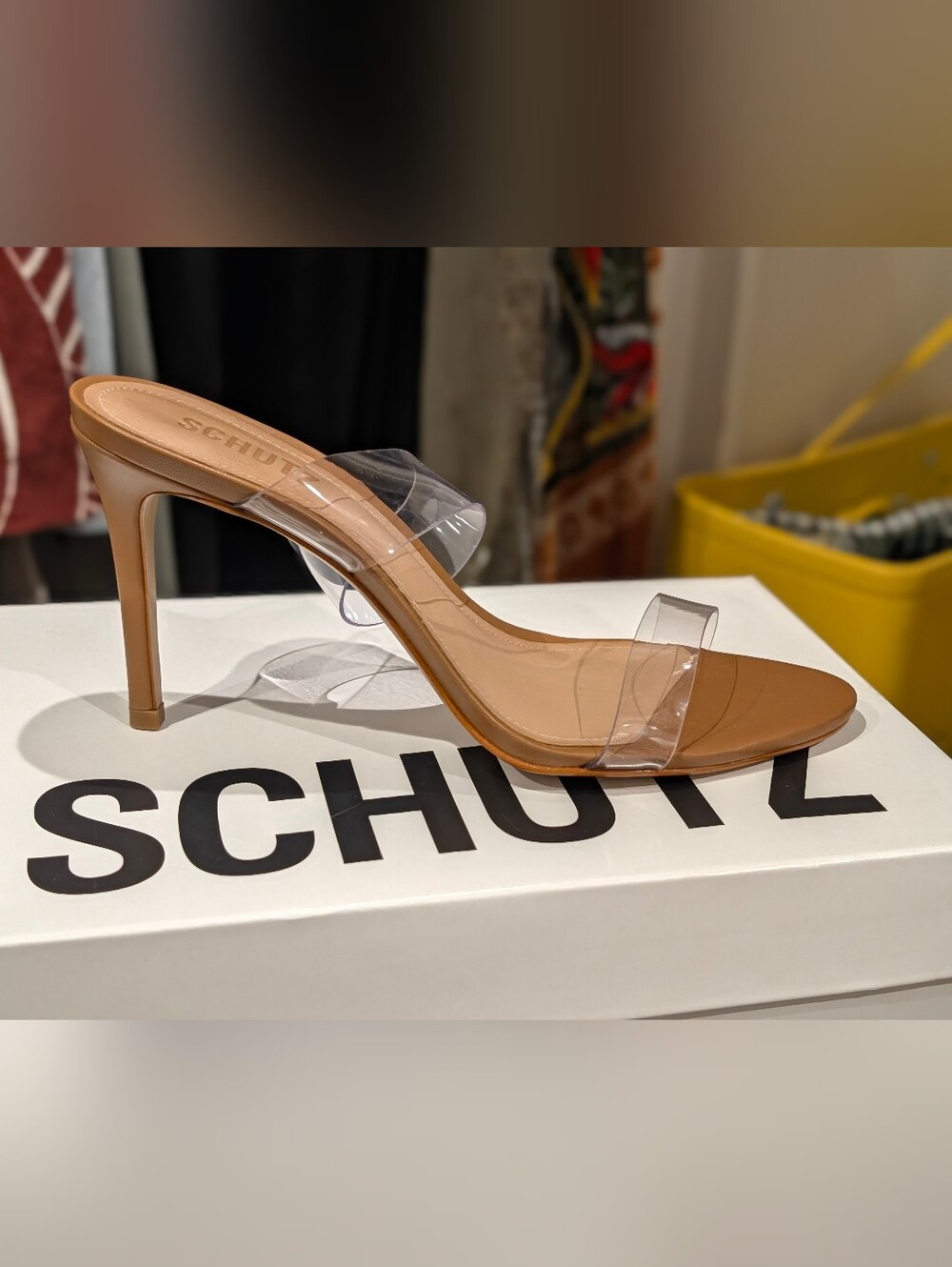 SCHUTZ Clear Strap Tan Stiletto Heels